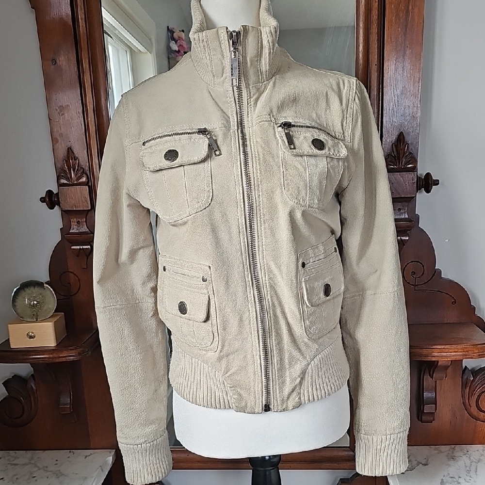 Beige Zip-Up Genuine Suede Jacket with Pockets